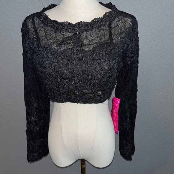 ZINNIA ELEGANS Heavy Black Lace Cropped Built in Bra Top Prom Ball Formal -NWT - Picture 2 of 13